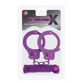 Фиолетовые наручники из листового металла в комплекте с веревкой BONDX METAL CUFFS&LOVE ROPE SET